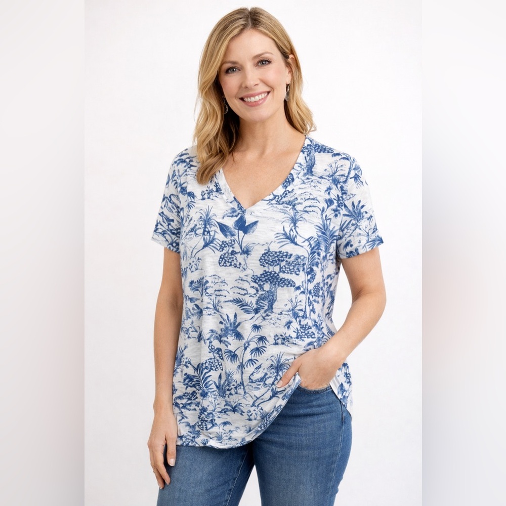 Nicole Miller New York Blue Toile Linen Botanical Print Top